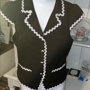 Black Blouse with White Rickrack trimmed Vest-Excellent condition!